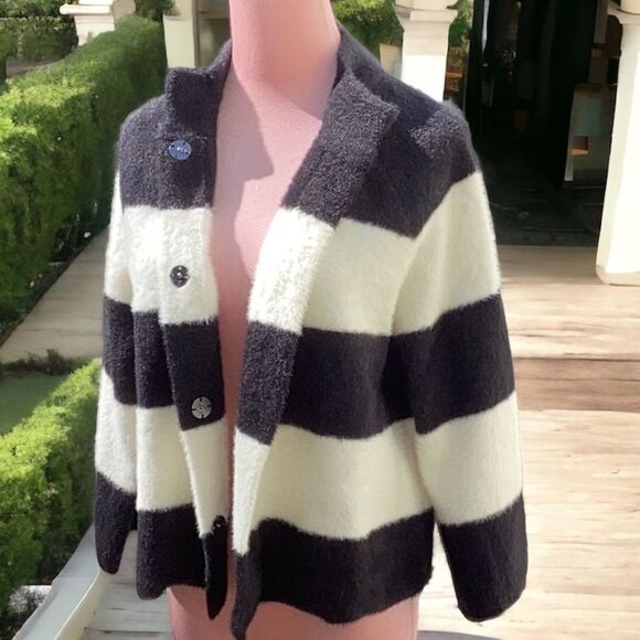 MELLODAY NWT WOMENS MOCK JACKET SWEATER BLACK IVORY STRIPED SOFT FUZZY SMALL - Picture 3 of 8